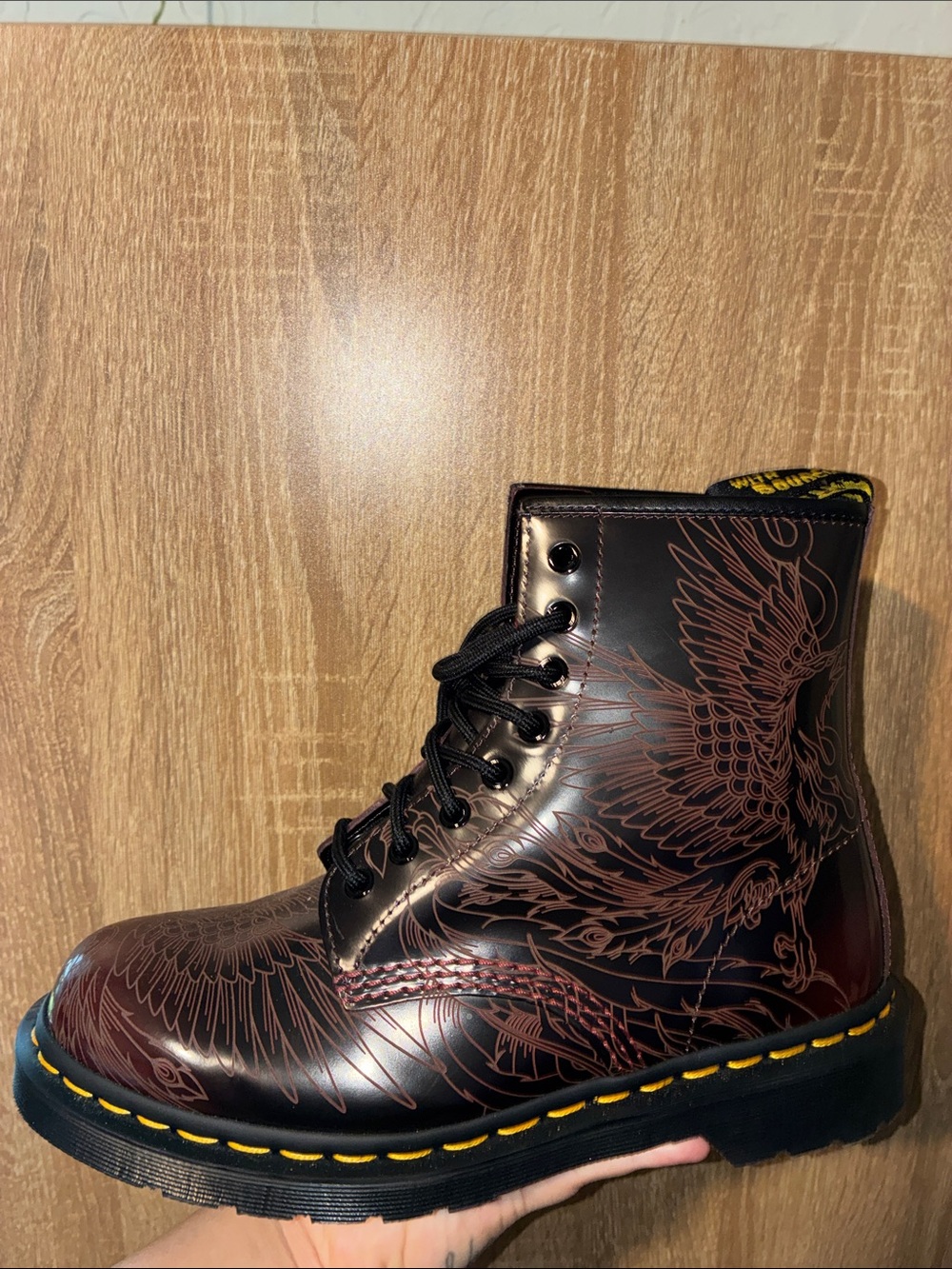 Dr. Martens Women’s Black Cherry Leather Lace-Up Boot with Phoenix Engraving